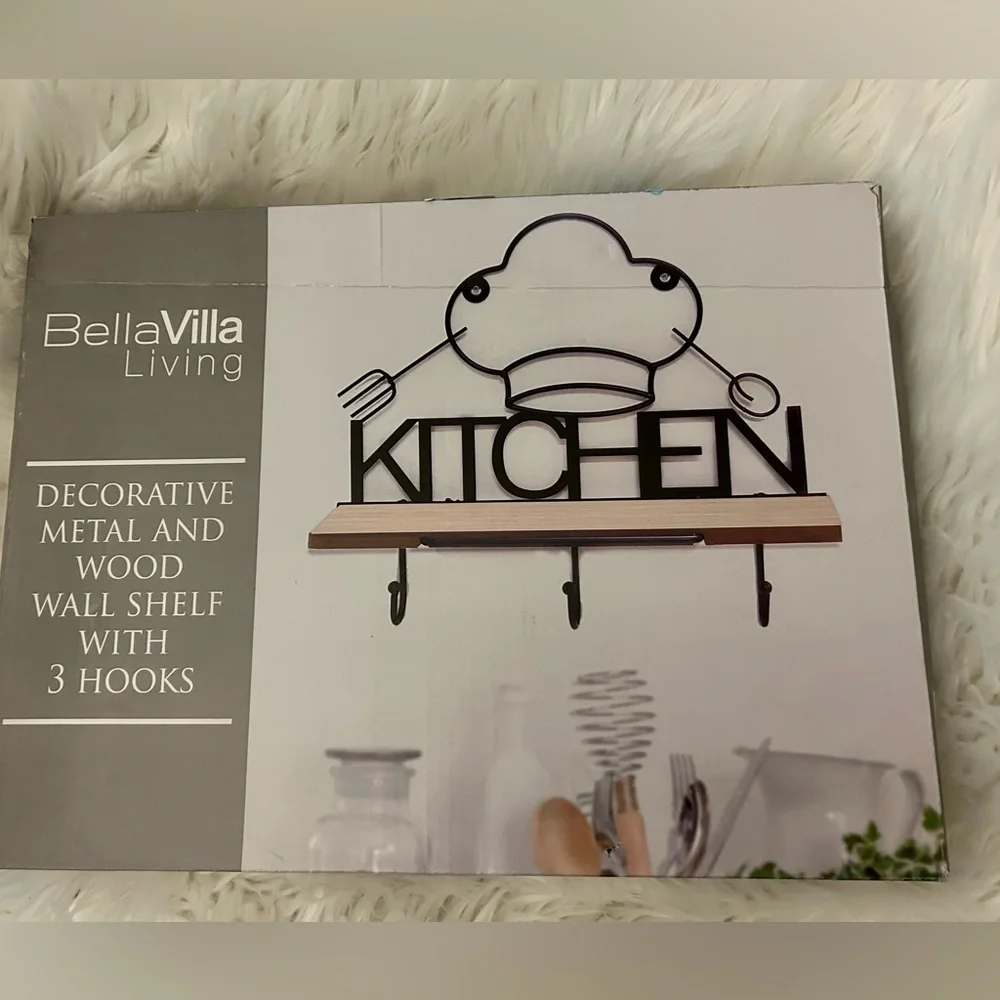 Bella Villa Living Decorative Metal & Wood Wall Shelf With 3 Hooks (12”W x 11”H)